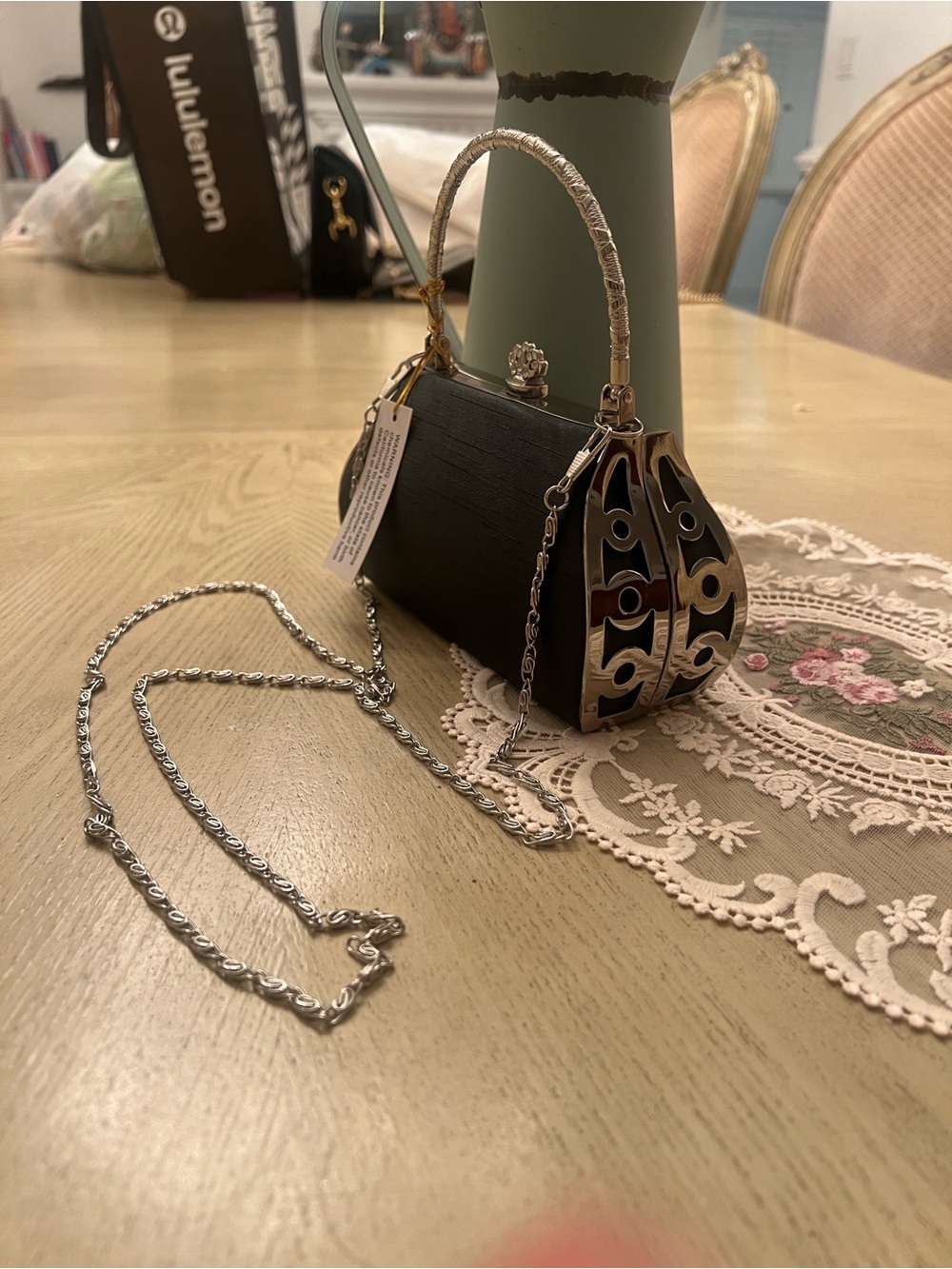 Chic Black Box Clutch with Silver Chain and Top Handle - Picture 2 of 3